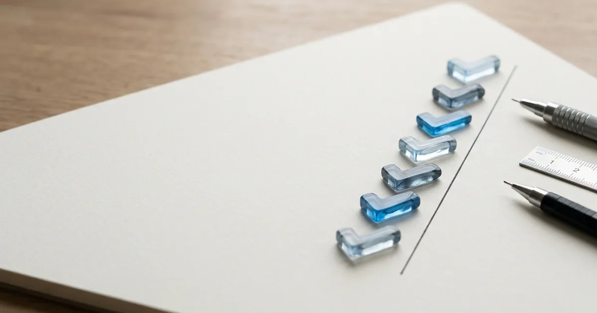 Abstract translucent blue and grey shapes arranged as a small checklist beside a straight ruled line.