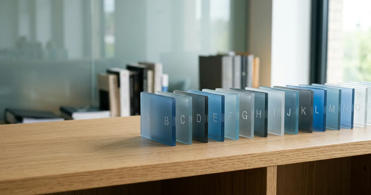 Abstract translucent blue and grey shapes arranged like a neat alphabetised row of labelled tiles.